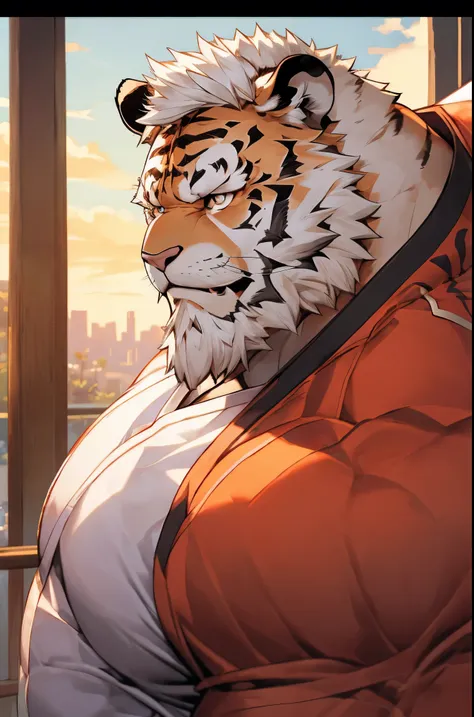 Very detailed, Detailed face, exquisite eyes, Detailed muscles, (View whole body), ((1 person)), ((furry tiger)), big muscles, middle-aged man，（Purpose（Practicing martial arts at a martial arts gym (beard, beaded,strong face, short hair, white hair, Strong...