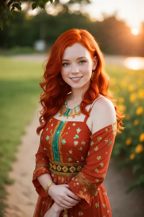 A 28-year-old red-haired woman, smiling happily, clad in a long, colorful dress. Detailed face with rosy cheeks and freckles, realistic skin texture. The background is blurred, allowing the focus to remain on her. This masterpiece was captured in a Canon E...