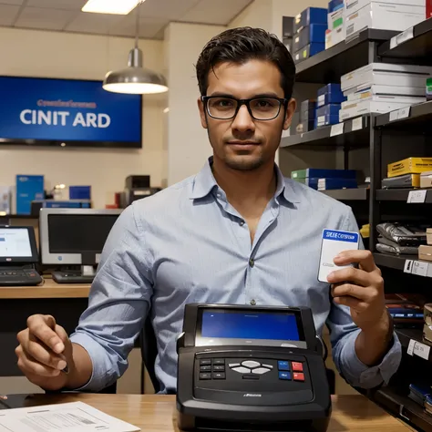 a man with glasses holding a credit card machine, apresentando aos clientes.