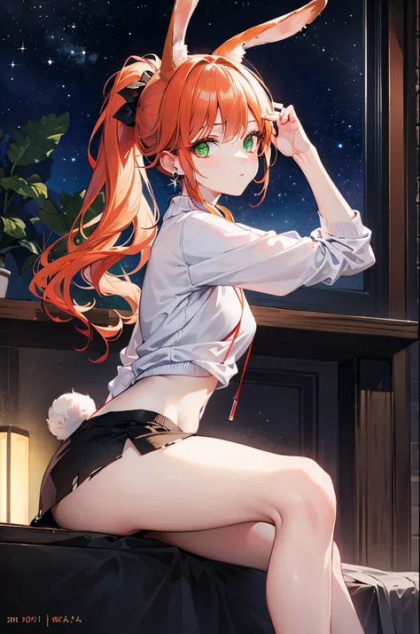 Realistic and detailed image of a girl wearing a sweater and a torn miniskirt with stockings. She has long curly orange hair, styled in a ponytail with a bobby pin on the right side. Green eyes with long eyelashes. Sensual expression. She has rabbit ears a...