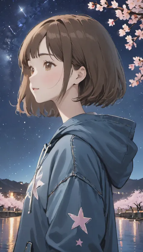 one girl，brown hair、short bob、Simple hoodie，three-quarter length denim,　look up at the night sky、The entire starry sky of the galaxy，nice,twinkling starlight，unlimited，great charm,　highest quality,　master piece,　ultra high resolution,　A scene from a movie,...