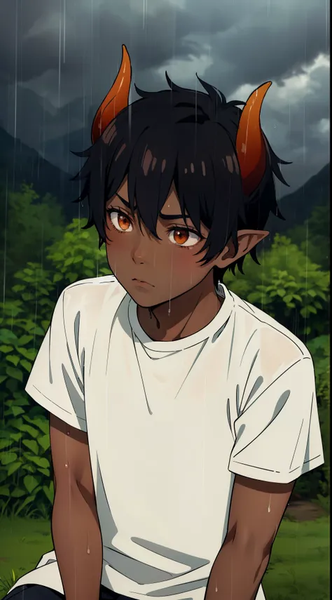 1boy,8 years old,solo,((dark skin)),((white shirt,short sleeves)),Short hair,black hair,elf ears,(horns),(in raining,,clouds,cloudy,forest),sad,sitting on grass,dirty,wet,orange eyes, upper body