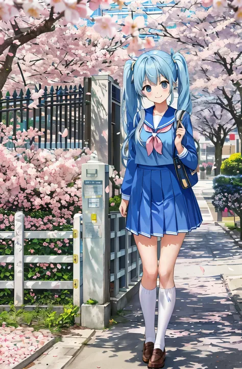 light blue long hair、Beautiful girl with twin tails　School Entrance Ceremony　adorable smile　sailor suit　I&#39;m with a friend　In front of the school gate with cherry blossoms in full bloom