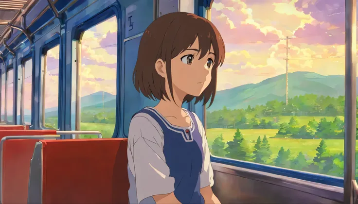 makoto shinkai,makoto shinkais style,Teenager gril,japanese,sitting in a train,ghibli style, looking out of the window