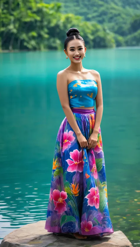 a beauty young woman, black neat bun hair, looking on camera, wearing a dress traditional with body painting, wearing long skirt painting dress, gemoy, cubby, seksoy, montok, puting, standing on middle of the lake stone, natural, beautiful background, colo...