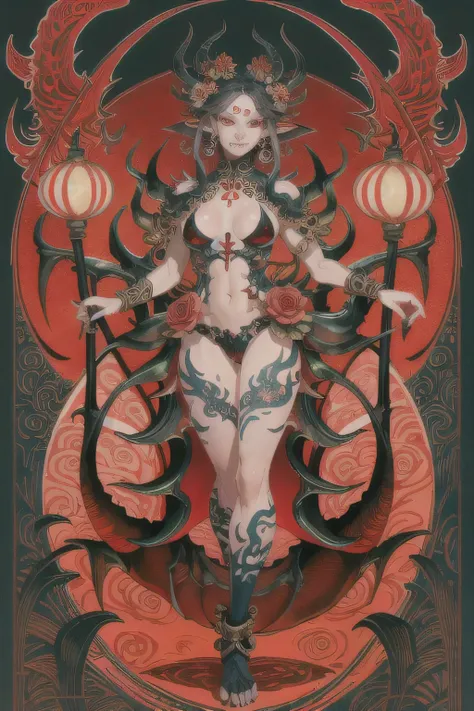 absurd, highres, ultra detailed, (ultra-detailed background, detailed background), extremely detailed, 1girl, demonic woman, red skin on arms, bouquet of black flowers, (zentangle:1.2), (geometric:1.2), colorful, full body, sexy pose, short clothes, dragon...