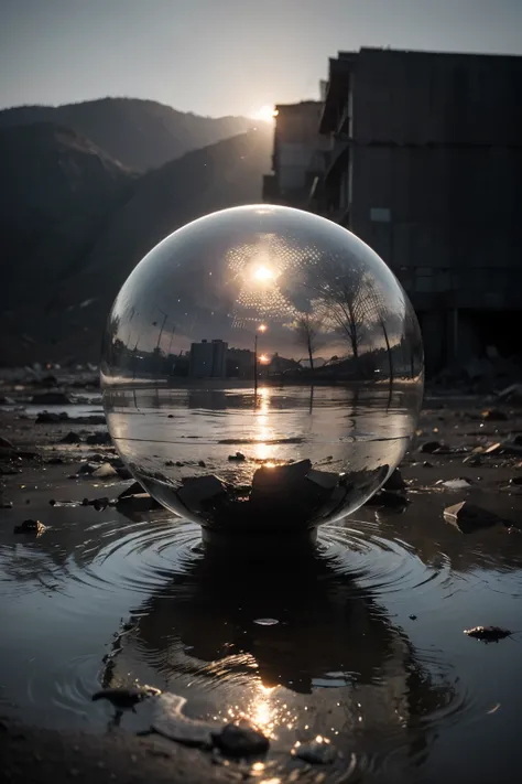 Develop an image of a chrome metallic sphere floating high above a devastated landscape. The sphere should be bright and reflect its surroundings clearly, the metal must give the impression of being in a liquid state like mercury. The surrounding scenery s...