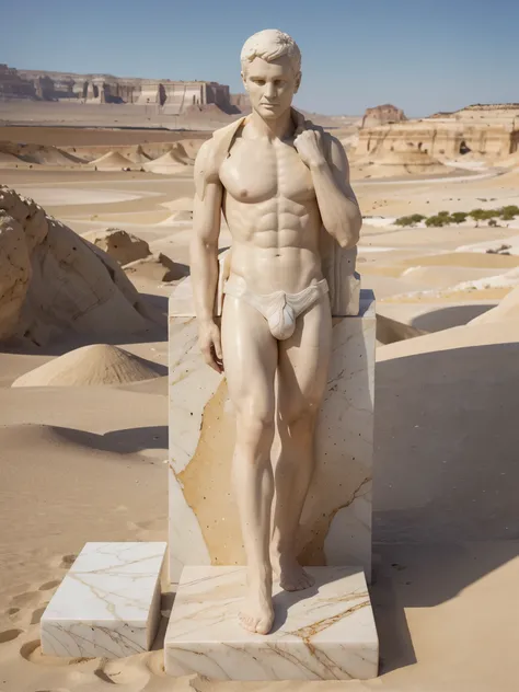 "Figura masculina, well-detailed feet, carved in marble, on a rectangular block of irregular marble, no deserto, stands out against the arid backdrop. Ambos esculpidos do mesmo material, com detalhes cuidadosos complementando a escultura."