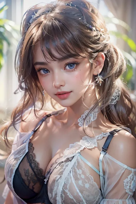 1woman, (Ultra realistic, high res), (highly detailed eyes, highly detailed hair, highly detailed face, highly detailed plump lips), (off shoulder with open breasts), breasts, upper body, caute smile, (best quality:1.4), Raw photo, (realistic, photo-realis...