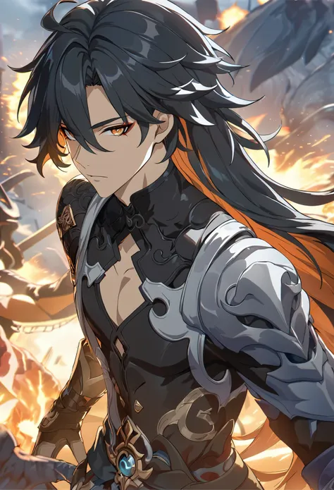 ((solo)), (man), dark orange eyes, black hair, very long hair, messy hair, dark orange colored inner hair, a close up of a person with a sword in a desolate land surrounded by demons and monsters, a burning battlefield, detailed key anime art, honkai star ...