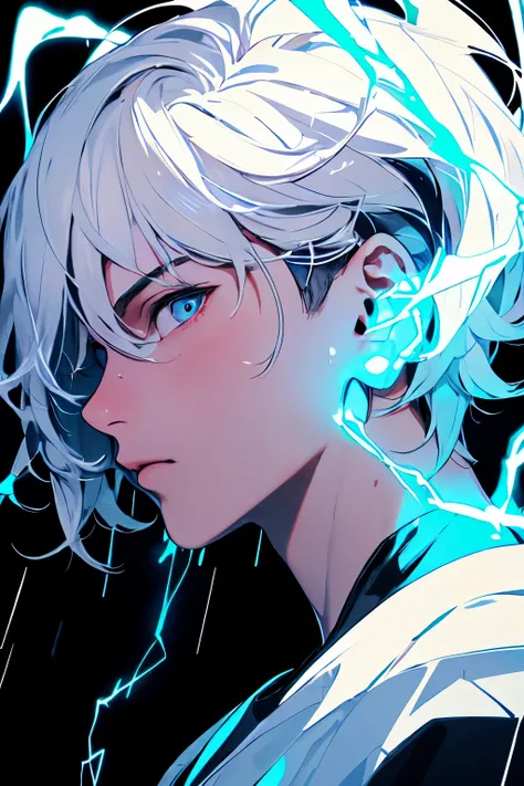 masterpiece,best quality,ultra-detailed,1boy,blue lighting,blue electricity,wrapped in electricity all over the body,black_background,rain,white hair,white