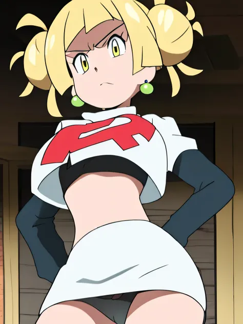 8k, masterpiece,highres,very large breast, team rocket uniform, red letter r, white skirt,white crop top,black thigh-high boots, black elbow gloves, glaring angrily, looking down at viewer, hands on hips, cowboy shot, zettai ryouiki,from below, black panti...