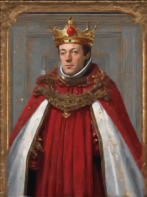 painting of a man in a red robe and crown standing in a red frame, inspired by Petrus Christus, fully clothed in red robes, by Darek Zabrocki, jehan georges vibert, dressed in a beautiful red cloak, by Petrus Christus, red cloth around his shoulders, portr...