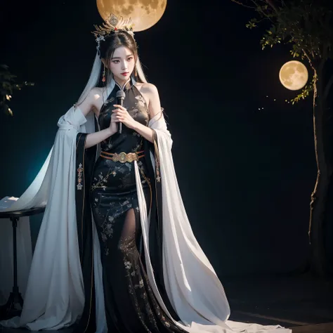 image of a woman in a black dress and a full moon, with a microphone, palace， girl in Hanfu, ((beautiful fantasy empress)), Guwei style work, xianxia fantasy, Guwei, inspired by Li Mei-shu, the beautiful fantasy empress.