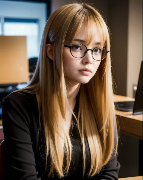 Alone in the company room, straight dark blonde hair with big bangs and round black glasses, brown eyes 