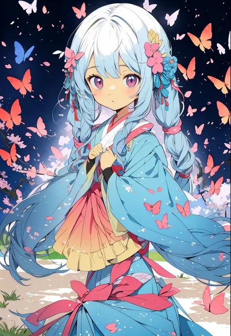  under the cherry tree, light blue long hair、Chibi character with twin tails and mom, japanese manga style, Cartoon style illustration, Japanese anime style,  Full color illustration, 