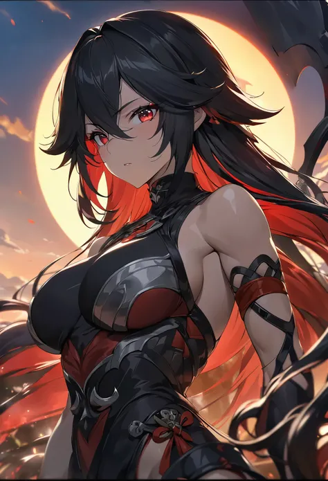 ((solo)), (woman), light tanned skin, cherry red eyes, raven black hair, very long messy hair, vibrant red colored inner hair, (sculpted body), medium-big breasts, thick, mature body, a close up of a person with a scythe in a desolate land detailed key ani...