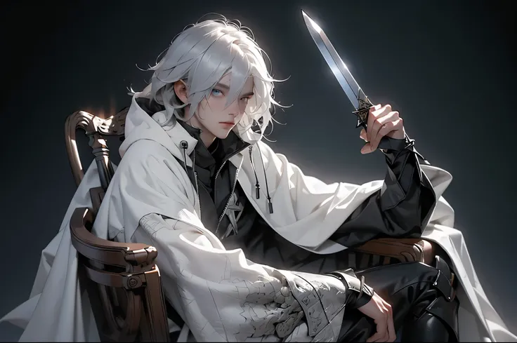 1boy, sitting in gaming chair, pale skin, cape, robe, hood, light armor, sword, shield, detailed eyes, and face
