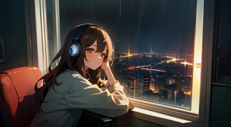 girl, dark brown wavy hair, wearing headphones. girl Sitting in gamer chair and looks out the window. Outside the window, the night cityscape, rain, dark sky. rain粒がガラスを伝う. warm, comfortable lighting. girlの後ろにあるカメラ