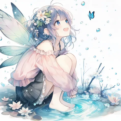 anime fairy sitting in water with butterfly and flowers, water fairy, beautiful anime artwork, by Yuumei, soft anime illustration, beautiful anime, beautiful anime art, cute detailed artwork, faerie, beautiful fantasy anime, anime girl walking on water, be...