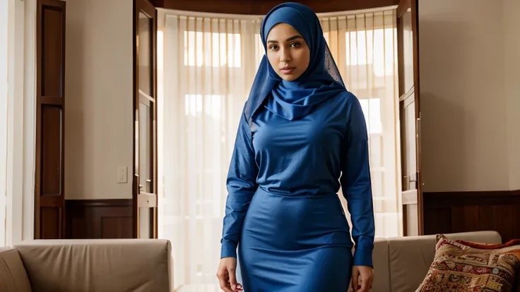 An Arab mother wearing the hijab, tight Arab clothes, beautiful feminine curves, and a perfect body, looking with an innocent and gentle look, standing in the living room.  