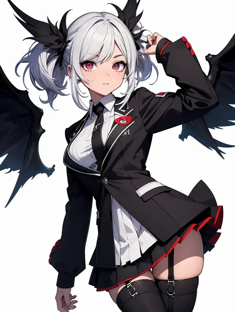 En un fondo blanco una chica con estilo de boku no hero academia. esta volando, tiene el pelo blanco largo y lacio, ojos morados, alas grandes color negro gris y morado ademas de una cola con un corazon invertido al final tipo de diablita. lleva puesto el ...