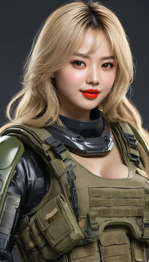 (((hyper real)))、超未来的なfemale soldier、陸軍female soldier、Beautiful woman　High level image quality　High resolution　realistic　blonde woman、mature woman、((big big tits))、Fine skin texture、超High resolution、realistic、plump body shape、smile、中年Beautiful woman、beauti...