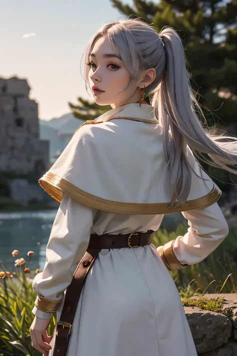 (highest quality images, masterpiece), detailed landscape,(((gray hair))), detailed beautiful green eyes,  quiet lake (Reflecting the vivid twilight sky),nuances of color,quiet, freezing, 1 girl, long hair, pointed ears, twin tails, jewelry, goblin, earrin...