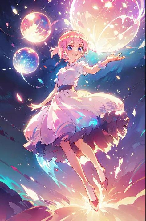 ichika nakano, short pink shiny hair, dynamic pose, soft expressive face,, sweet face, smile, iridescent, ((ballgown iridescent)...