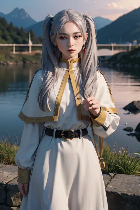 (highest quality images, masterpiece), detailed landscape,(((gray hair))), detailed beautiful green eyes,   detailed five fingers,  quiet lake (Reflecting the vivid twilight sky),nuances of color,quiet, freezing, 1 girl, long hair, pointed ears, twin tails...