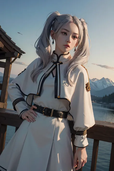 (highest quality images, masterpiece), detailed landscape,(((gray hair))), detailed beautiful green eyes,  quiet lake (Reflecting the vivid twilight sky),nuances of color,quiet, freezing, 1 girl, long hair, pointed ears, twin tails, jewelry, goblin, earrin...