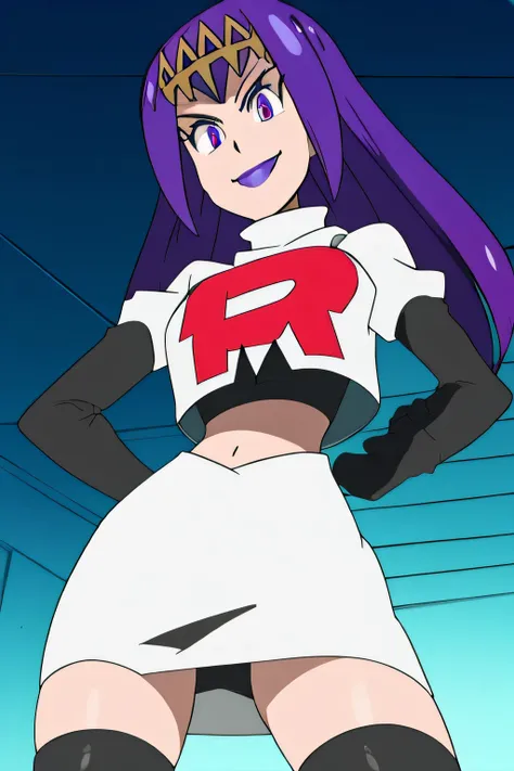 8k, masterpiece,highres, team rocket uniform, red letter r, white skirt,white crop top,black thigh-high boots, black elbow gloves, smiling, looking down at viewer, hands on hips, cowboy shot, zettai ryouiki,from below, black panties,anime style, vivid colo...