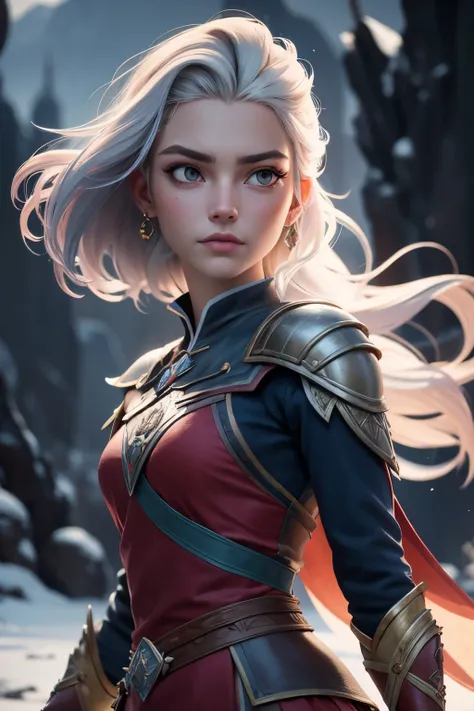  young warrior woman of nordic descent, cuerpo completo, piel detallada, muy detallado, cinematic lighting, ultra realista, rubor, Mirando al espectador, Anna de Frozen, Princesa, disney, By the chestnut, pelo largo, retrato, exterior, nieve, falda de piel...