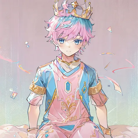 (solo,1boy, masculino),(soccer uniform),aquamarine eyes, campo de futebol, pink short hair, crown over the head