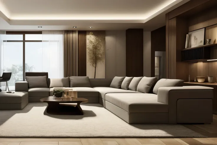 Living room with sofa and coffee table, 3Drenderingof， Realistic photography，interior scenes
