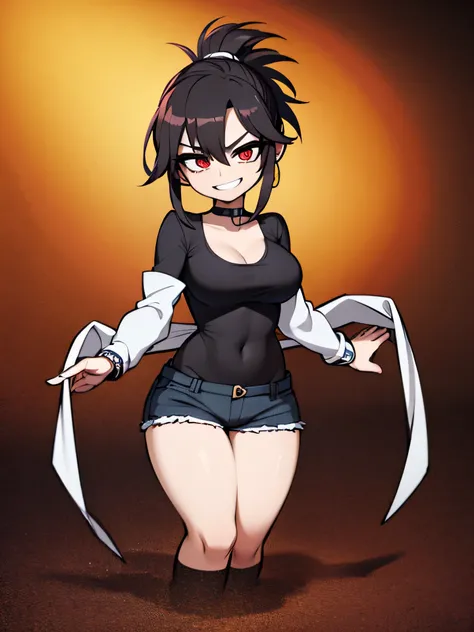 ((artwork, Best quality)), Front Lighting, (1 female), (Alone), (female focus), (stand:1.3), (looking forward: 1.3), straight pose, Slender body, massive breasts , goth, long sleeve t-shirt, black t-shirt, open neckline, V-neck t-shirt, short shots, denim ...