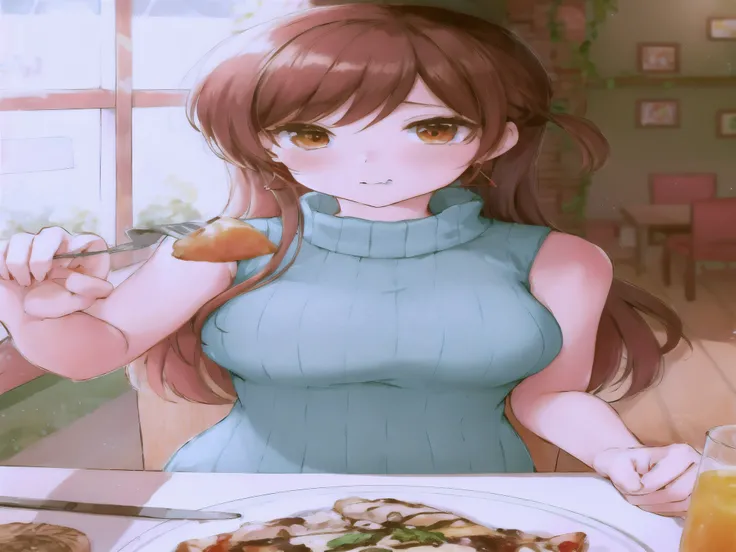 anime girl eating pizza with a glass of orange juice, anime moe artstyle, seductive anime girl,  in dress, attractive anime girl, cute anime waifu in a nice dress, , marin kitagawa fanart, realistic anime artstyle, in an anime style, thicc, digital anime i...