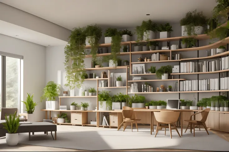 office room with shelves and plants, no chairs, 3drenderingof realistic photography，interior scenes