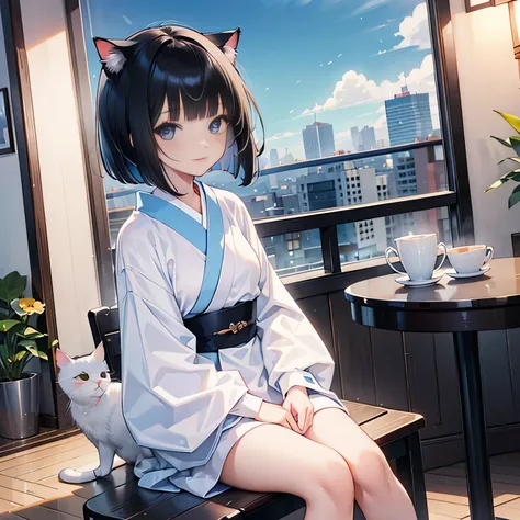 (cat kigurumi),((1girl,cute,japanese,young,short beautiful black hair,bob cut,blunt bangs,beautiful blue eyes)),(solo),((masterpiece, highest resolution,best quality)), (beautiful illustration),(cat kigurumi),
 (looking at the viewer), innocent smile,cinem...