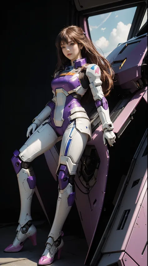 RAW, Masterpiece, Ultra Fine Photo,, Best Quality, Ultra High Resolution, Photorealistic, Sunlight, Full Body Portrait, Stunningly Beautiful,, Dynamic Poses, Delicate Face, Vibrant Eyes, (Side View) a close up of a woman in a pink and white gundam custume,...