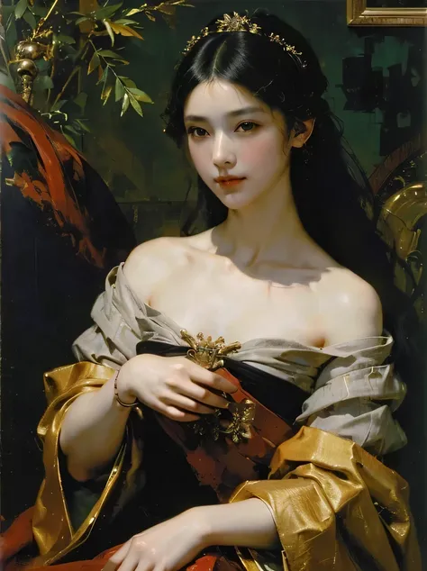 ((masterpiece、highest quality、Super detailed、High resolution、sharp focus、cinematic lighting))、((1 female、middle shot))、long black hair woman、exquisite features、chignon、Hairpin、red chinese style dress、((renaissance classic oil painting style))、((view audien...