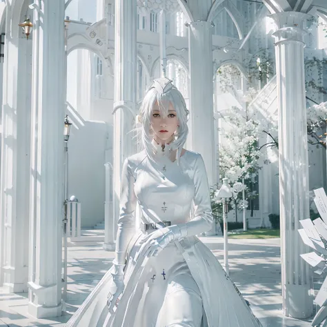 a woman with white clothes, silver hair, silver eyes, outside a white castle with golden details, well-lit place, light effect, ...