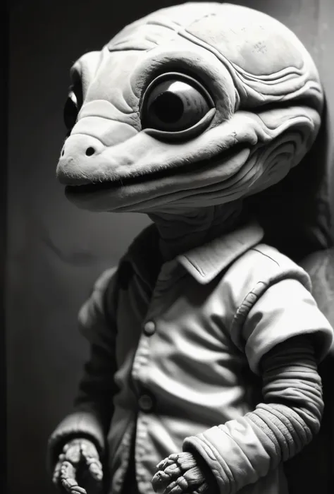 black and white photo of a small stuffed animal, mother portrait, anton semenov, clay character, inspired by e. t. a. hoffmann, ...