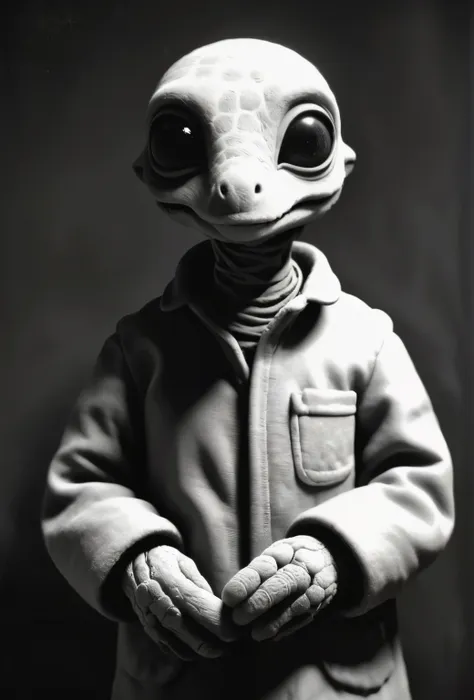 black and white photo of a small stuffed animal, mother portrait, anton semenov, clay character, inspired by e. t. a. hoffmann, ...