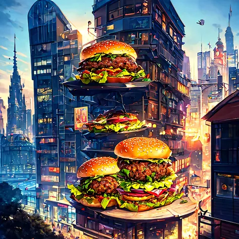 (a museum of hamburgers:1.4)aerial view of the city，panorama view,best quality,4k,8k,a high resolution,masterpiece:1.2,ultra-det...