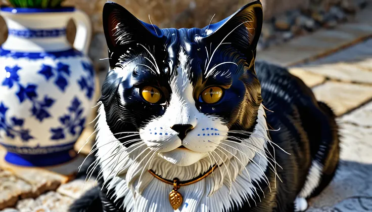 un gato de porcelana hiperrealista, en tonos negro y blanco, a hd ¿, alta calidad, 8k, HDR, UHDR, profunidad de campo maxima, iluminacion cinematografica, fur simulating enameled ceramic English earthenware style in white and blue tones, gold nails, dorada...