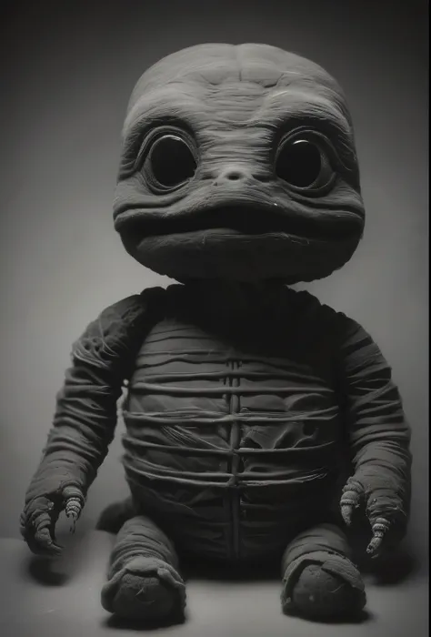 black and white photo of a small stuffed animal, mother portrait, anton semenov, clay character, inspired by e. t. a. hoffmann, ...