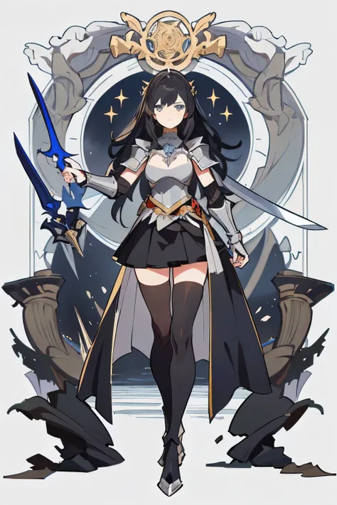 An anime girl，long black hair，The princess cut the bangs，blue eyes，Hades love，fantasy style，sword and sorcery，game character，silver armor，black skirt，high-heel boots，Draw your sword，vertical painting，Proud，Standing posture，45 degrees sideways