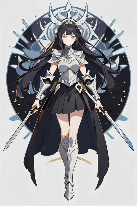 An anime girl，long black hair，The princess cut the bangs，blue eyes，Hades love，fantasy style，sword and sorcery，game character，silver armor，black skirt，high-heel boots，Draw your sword，vertical painting，Proud，Standing posture，45 degrees sideways