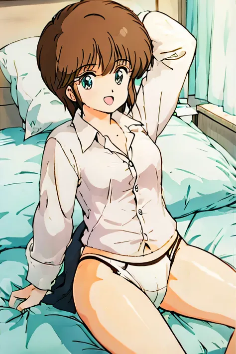 1girl, Hikaru Hiyama, (((mens dress shirt, g string underwear))), bedroom, laying on bed, laying on stomach, legs in air, smiling at audience